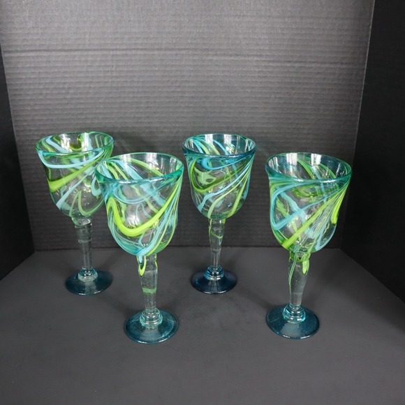 Mexican Hand Blown Other - Set Of 4 Matching Hand Blown Mexican Blue/Green Swirl Margarita Glasses 9.5 in.‎